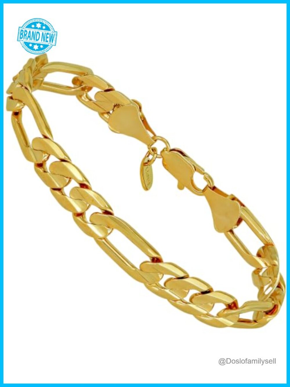 9mm Figaro Chain Bracelet 24k Real Gold Plated Diamond Cut
